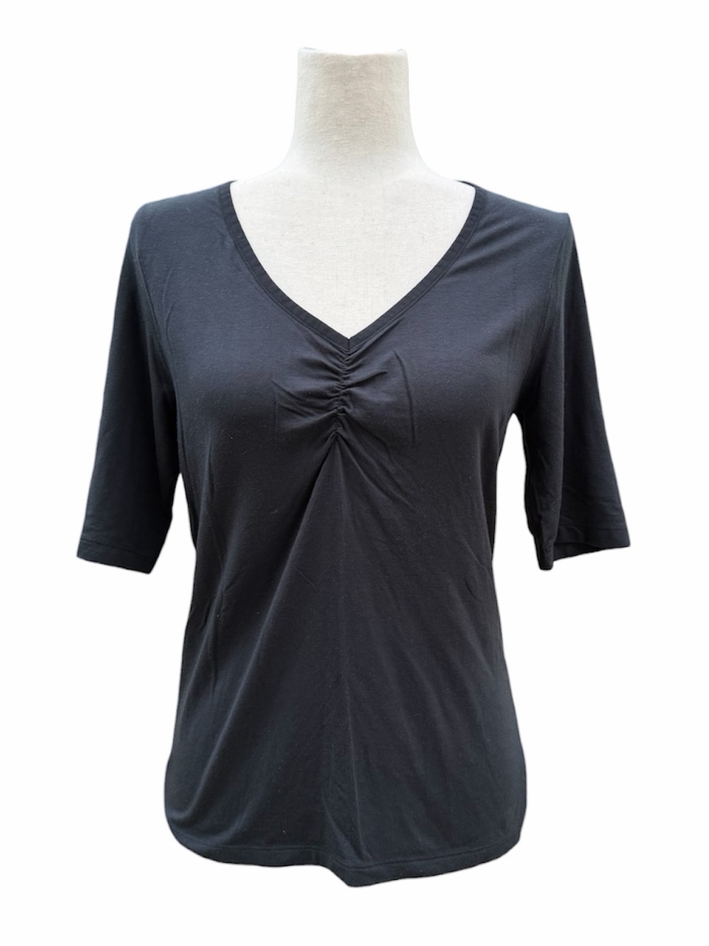 Magaschoni Black V-Neck Ruched Short Sleeve Tee M